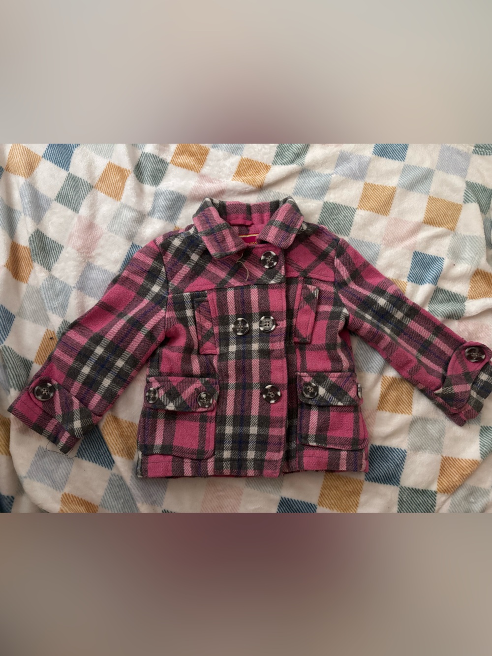 Dollhouse Pink Plaid Double-Breasted Pea Coat